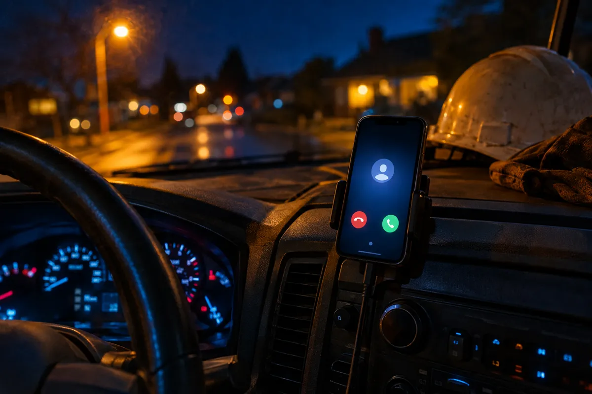 Smartphone showing an incoming call on a work truck dashboard at night